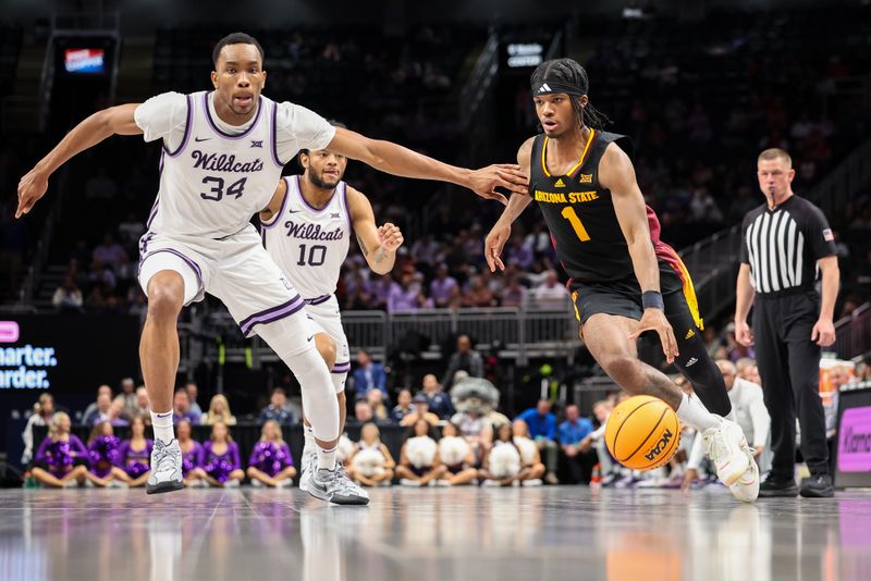 Mar 11, 2025; Kansas City, MO, USA; Arizona State Sun Devils guard Alston Mason (1) brings the ball up court around Kansas State Wildcats center Ugonna Onyenso (34) during the second half at T-Mobile Center. Mandatory Credit: William Purnell-Imagn Images