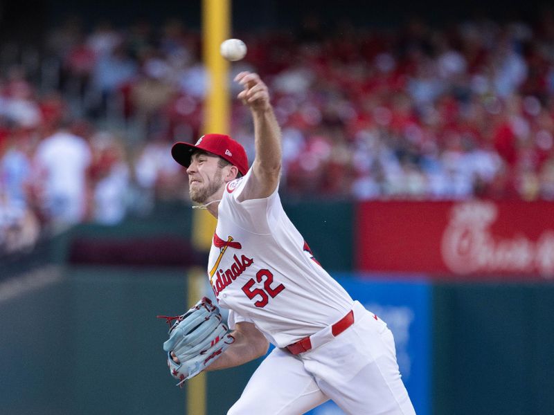 Jun 26, 2024; St. Louis, Missouri, USA; St. Louis Cardinals pitcher Matthew Liberatore (52) pitches against the Atlanta Braves in the first inning at Busch Stadium. Mandatory Credit: Zach Dalin-USA TODAY Sports