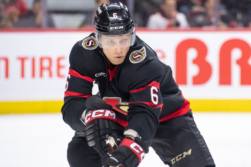 Feb 15, 2024; Ottawa, Ontario, CAN; Ottawa Senators defenseman Jakob Chychrun (6) follows the puck in the second period agsainst the Anaheim Ducks at the Canadian Tire Centre. Mandatory Credit: Marc DesRosiers-USA TODAY Sports