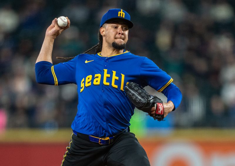 Aug 23, 2024; Seattle, Washington, USA; Seattle Mariners starter Luis Castillo (58) delivers a pitch during the first inning against the San Francisco Giants at T-Mobile Park. Mandatory Credit: Stephen Brashear-USA TODAY Sports