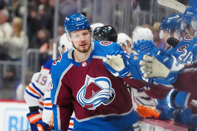 Apr 18, 2024; Denver, Colorado, USA; Colorado Avalanche right wing Valeri Nichushkin (13) celebrates his second goal of the first period against the Edmonton Oilers at Ball Arena. Mandatory Credit: Ron Chenoy-USA TODAY Sports