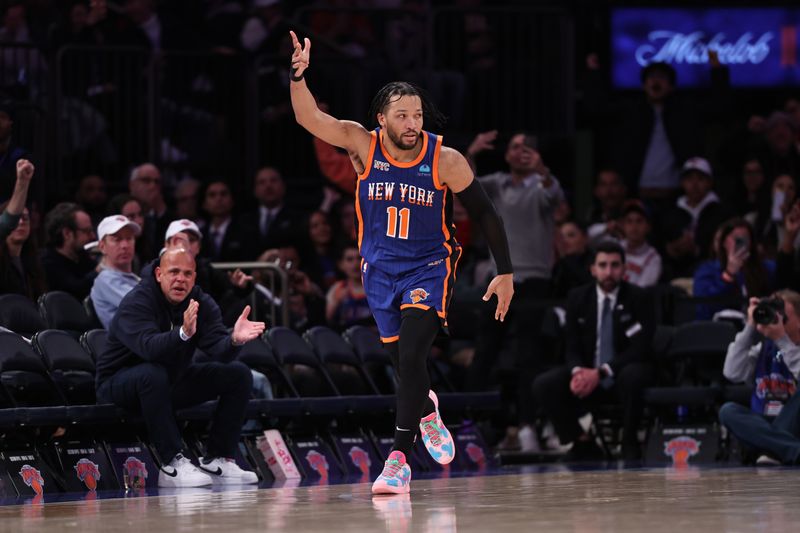 NEW YORK, NEW YORK - MARCH 31: Jalen Brunson #11 of the New York Knicks reacts after making a three pointer during the third quarter of the game against the Oklahoma City Thunder at Madison Square Garden on March 31, 2024 in New York City. NOTE TO USER: User expressly acknowledges and agrees that, by downloading and or using this photograph, User is consenting to the terms and conditions of the Getty Images License Agreement. (Photo by Dustin Satloff/Getty Images)