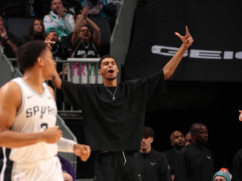 CHARLOTTE, NC - JANUARY 19: Victor Wembanyama #1 of the San Antonio Spurs reacts during the game against the Charlotte Hornets on January 19, 2024 at Spectrum Center in Charlotte, North Carolina. NOTE TO USER: User expressly acknowledges and agrees that, by downloading and or using this photograph, User is consenting to the terms and conditions of the Getty Images License Agreement. Mandatory Copyright Notice: Copyright 2024 NBAE (Photo by Kent Smith/NBAE via Getty Images)