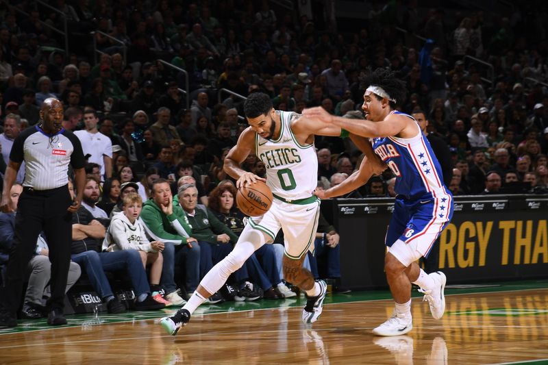 BOSTON, MA - OCTOBER 12: Jayson Tatum #0 of the Boston Celtics drives to the basket during the game against the Philadelphia 76ers during a NBA Preseason game on October 12, 2024 at TD Garden in Boston, Massachusetts. NOTE TO USER: User expressly acknowledges and agrees that, by downloading and/or using this Photograph, user is consenting to the terms and conditions of the Getty Images License Agreement. Mandatory Copyright Notice: Copyright 2024 NBAE (Photo by Brian Babineau/NBAE via Getty Images)