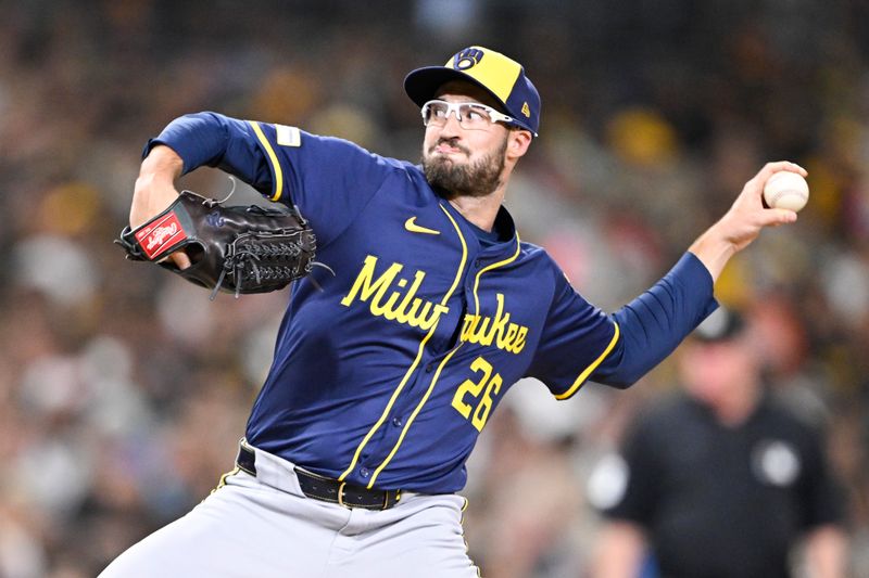 Sep 22, 2025; San Diego, California, USA; Milwaukee Brewers relief pitcher Aaron Ashby (26) delivers during the sixth inning against the San Diego Padres at Petco Park. Mandatory Credit: Denis Poroy-Imagn Images
