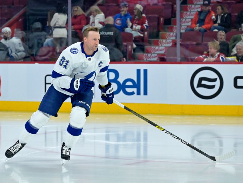 Nov 7, 2023; Montreal, Quebec, CAN; Tampa Bay Lightning forward Steven Stamkos (91) skates during the warmup period before the game against the Montreal Canadiens at the Bell Centre. Mandatory Credit: Eric Bolte-USA TODAY Sports