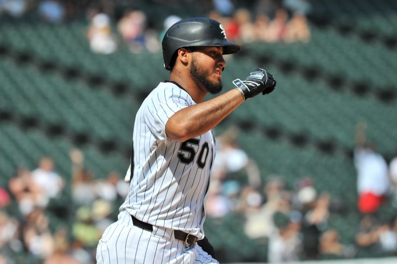 Jun 25, 2025; Chicago, Illinois, USA; Chicago White Sox second baseman Lenyn Sosa (50) celebrates his home run during the eighth inning against the Arizona Diamondbacks at Rate Field. Mandatory Credit: Patrick Gorski-Imagn Images