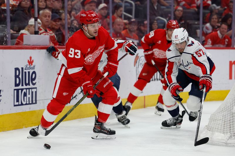 Apr 9, 2024; Detroit, Michigan, USA;  Detroit Red Wings right wing Alex DeBrincat (93) skates with the puck in the second period against the Washington Capitals at Little Caesars Arena. Mandatory Credit: Rick Osentoski-USA TODAY Sports