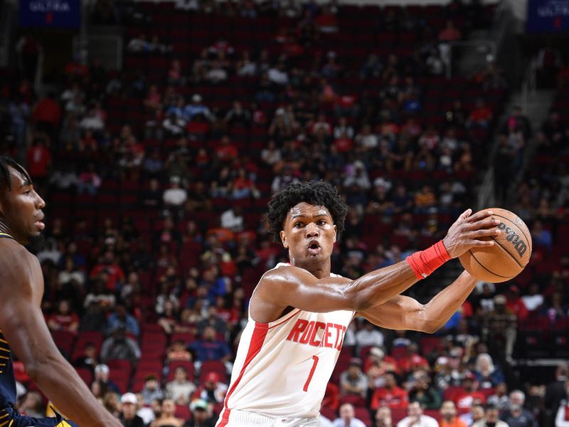 HOUSTON, TX - OCTOBER 10: Amen Thompson #1 of the Houston Rockets drives to the basket during the game against the Indiana Pacers on October 10, 2023 at the Toyota Center in Houston, TX. NOTE TO USER: User expressly acknowledges and agrees that, by downloading and or using this photograph, User is consenting to the terms and conditions of the Getty Images License Agreement. Mandatory Copyright Notice: Copyright 2023 NBAE (Photo by Logan Riely/NBAE via Getty Images)