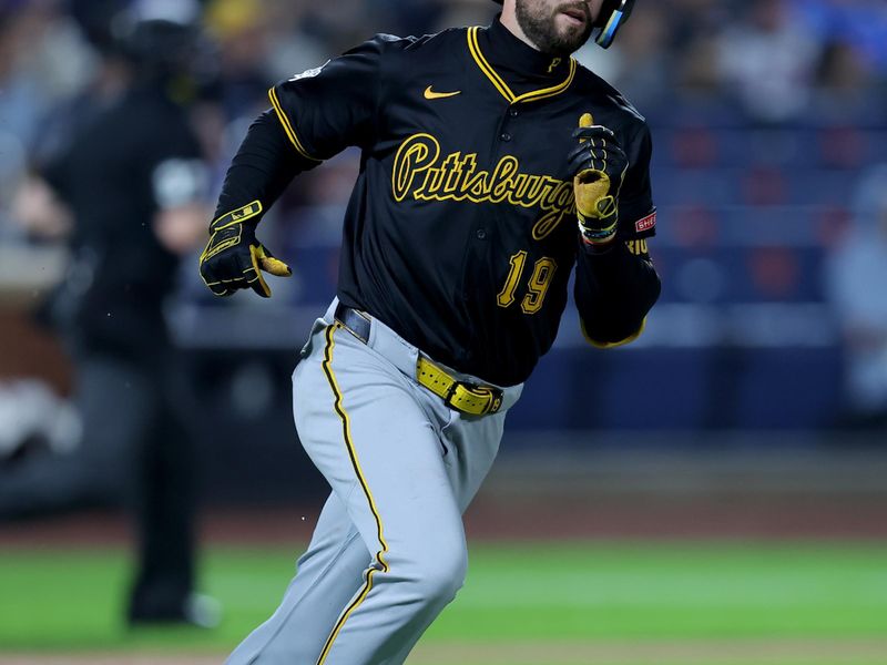 May 14, 2025; New York City, New York, USA; Pittsburgh Pirates third baseman Jared Triolo (19) rounds the bases after hitting a two run home run against the New York Mets during the fifth inning at Citi Field. Mandatory Credit: Brad Penner-Imagn Images