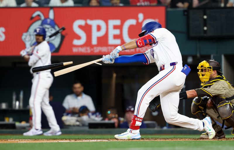 Jul 2, 2024; Arlington, Texas, USA;  Texas Rangers third baseman Jonathan Ornelas (21) breaks his bat during the second inning against the San Diego Padres at Globe Life Field. Mandatory Credit: Kevin Jairaj-USA TODAY Sports