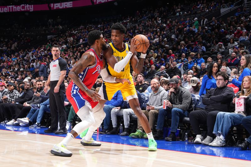 PHILADELPHIA, PA - DECEMBER 13: Bennedict Mathurin #00 of the Indiana Pacers handles the ball during the game against the Philadelphia 76ers on December 13, 2024 at the Wells Fargo Center in Philadelphia, Pennsylvania NOTE TO USER: User expressly acknowledges and agrees that, by downloading and/or using this Photograph, user is consenting to the terms and conditions of the Getty Images License Agreement. Mandatory Copyright Notice: Copyright 2024 NBAE (Photo by Jesse D. Garrabrant/NBAE via Getty Images)