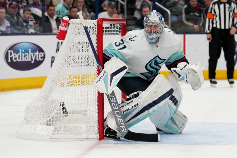 Mar 3, 2023; Columbus, Ohio, USA;  Seattle Kraken goaltender Philipp Grubauer (31) tends net during the second period against the Columbus Blue Jackets at Nationwide Arena. Mandatory Credit: Jason Mowry-USA TODAY Sports