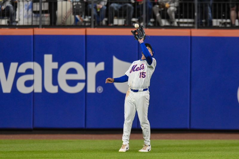 Apr 21, 2025; New York City, New York, USA; New York Mets outfielder Tyrone Taylor (15) catches a ball hit by Philadelphia Phillies second baseman Kody Clemens (not pictured) during the seventh inning at Citi Field. Mandatory Credit: John Jones-Imagn Images