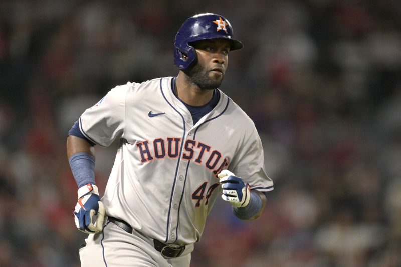 Jun 8, 2024; Anaheim, California, USA; Houston Astros designated hitter Yordan Alvarez (44) rounds the bases after hitting a two-run home run in the fifth inning against the Los Angeles Angels at Angel Stadium. Mandatory Credit: Jayne Kamin-Oncea-USA TODAY Sports