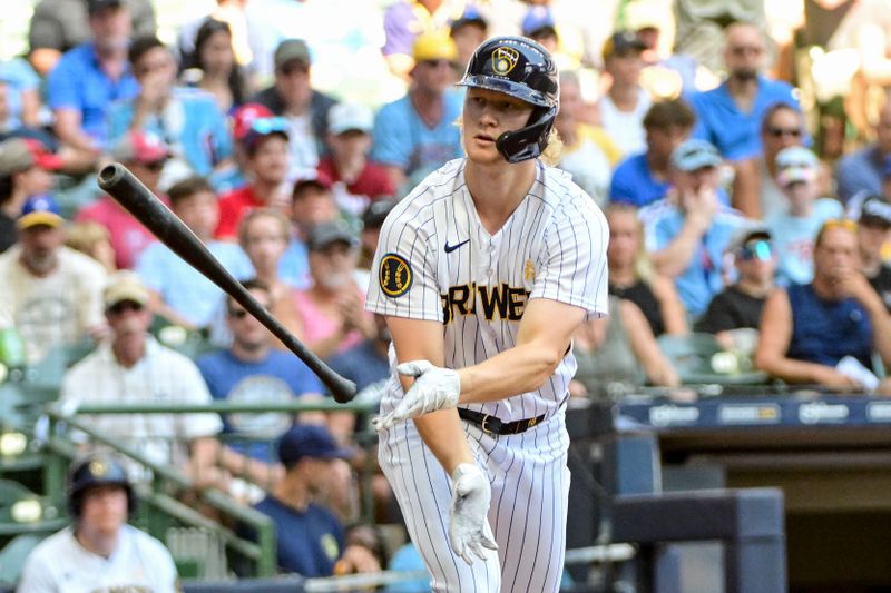 Sep 3, 2023; Milwaukee, Wisconsin, USA; Milwaukee Brewers center fielder Joey Wiemer (28) takes a walk in the third inning against the Philadelphia Phillies at American Family Field. Mandatory Credit: Benny Sieu-USA TODAY Sports