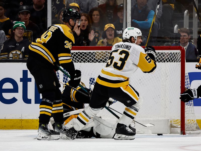 Nov 29, 2024; Boston, Massachusetts, USA; Pittsburgh Penguins center Philip Tomasino (53) celebrates after scoring the winning goal on Boston Bruins goaltender Jeremy Swayman (1) during the third period at TD Garden. Mandatory Credit: Winslow Townson-Imagn Images