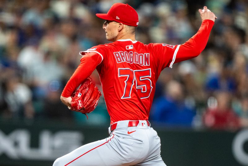 Sep 12, 2025; Seattle, Washington, USA; Los Angeles Angels reliever Connor Brogdon (75) delivers a pitch during the seventh inning against the Seattle Mariners at T-Mobile Park. Mandatory Credit: Stephen Brashear-Imagn Images