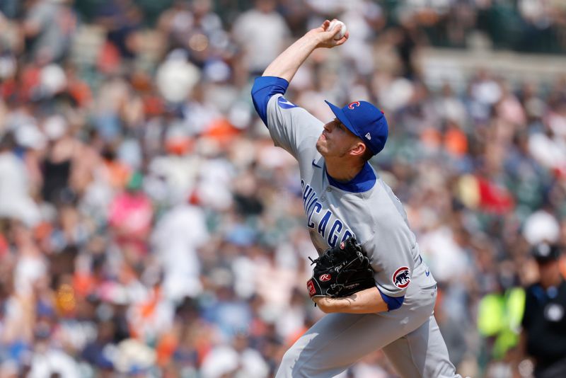 Jun 8, 2025; Detroit, Michigan, USA;  Chicago Cubs pitcher Chris Flexen (77) pitches in the seventh inning against the Detroit Tigers at Comerica Park. Mandatory Credit: Rick Osentoski-Imagn Images