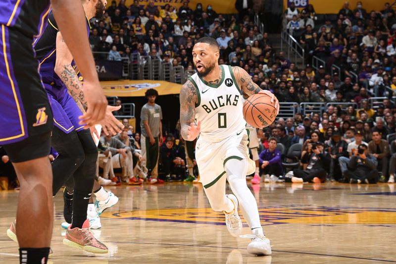 LOS ANGELES, CA - MARCH 8: Damian Lillard #0 of the Milwaukee Bucks dribbles the ball during the game against the Los Angeles Lakers on March 8, 2024 at Crypto.Com Arena in Los Angeles, California. NOTE TO USER: User expressly acknowledges and agrees that, by downloading and/or using this Photograph, user is consenting to the terms and conditions of the Getty Images License Agreement. Mandatory Copyright Notice: Copyright 2024 NBAE (Photo by Andrew D. Bernstein/NBAE via Getty Images)