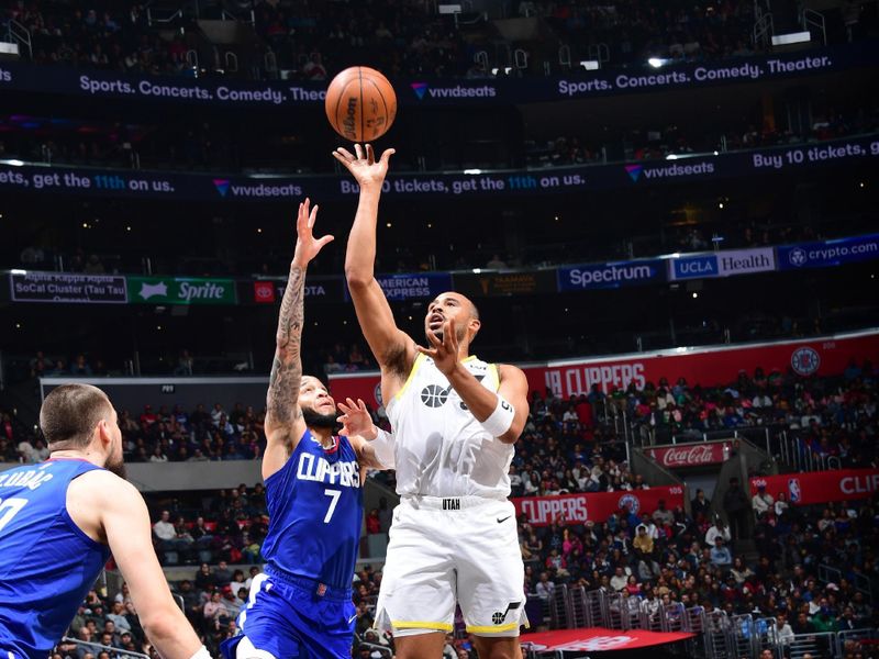 LOS ANGELES, CA - APRIL 5:  Talen Horton-Tucker #5 of the Utah Jazz goes to the basket during the game on April 5, 2024 at Crypto.Com Arena in Los Angeles, California. NOTE TO USER: User expressly acknowledges and agrees that, by downloading and/or using this Photograph, user is consenting to the terms and conditions of the Getty Images License Agreement. Mandatory Copyright Notice: Copyright 2024 NBAE (Photo by Adam Pantozzi/NBAE via Getty Images)
