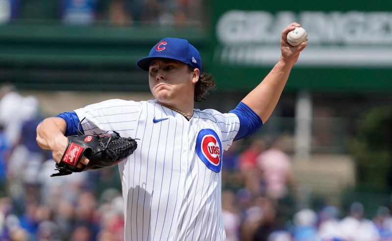 Aug 19, 2023; Chicago, Illinois, USA; Chicago Cubs starting pitcher Justin Steele (35) throws the ball against the Kansas City Royals during the first inning at Wrigley Field. Mandatory Credit: David Banks-USA TODAY Sports