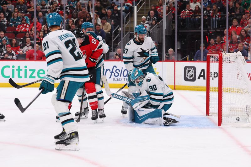 Oct 24, 2025; Newark, New Jersey, USA; New Jersey Devils defenseman Dougie Hamilton (7) (not pictured) scores a goal on San Jose Sharks goaltender Yaroslav Askarov (30) during the second period at Prudential Center. Mandatory Credit: Ed Mulholland-Imagn Images