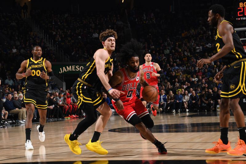 SAN FRANCISCO, CA - MARCH 7: Coby White #0 of the Chicago Bulls handles the ball during the game against the Golden State Warriors on March 7, 2024 at Chase Center in San Francisco, California. NOTE TO USER: User expressly acknowledges and agrees that, by downloading and or using this photograph, user is consenting to the terms and conditions of Getty Images License Agreement. Mandatory Copyright Notice: Copyright 2024 NBAE (Photo by Noah Graham/NBAE via Getty Images)