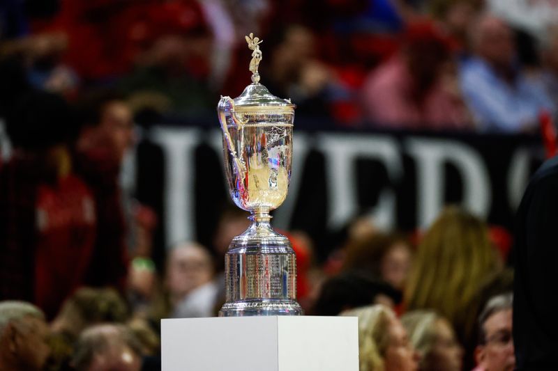 Mar 4, 2024; Raleigh, North Carolina, USA; A detail view of the US Open Trophy during the first half against Duke Blue Devils at PNC Arena. Mandatory Credit: Jaylynn Nash-USA TODAY Sports