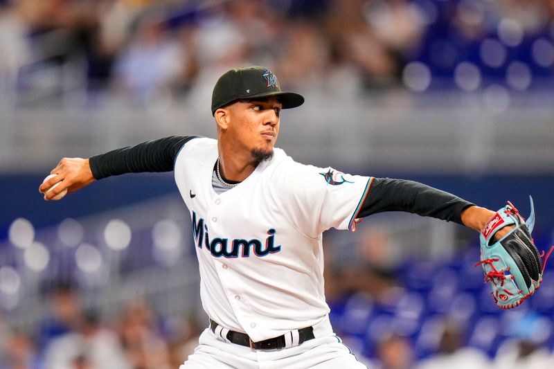 Jun 20, 2023; Miami, Florida, USA; Miami Marlins starting pitcher Eury Perez (39) throws a pitch against the Toronto Blue Jays during the first inning at loanDepot Park. Mandatory Credit: Rich Storry-USA TODAY Sports