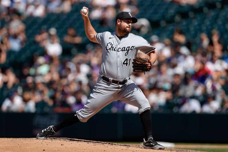 Aug 20, 2023; Denver, Colorado, USA; Chicago White Sox relief pitcher Bryan Shaw (41) pitches in the fifth inning against the Colorado Rockies at Coors Field. Mandatory Credit: Isaiah J. Downing-USA TODAY Sports