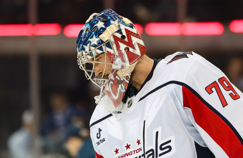 Apr 5, 2026; New York, New York, USA; Washington Capitals goalie Charlie Lindgren (79) skates to the bench during the third period against the New York Rangers at Madison Square Garden. Mandatory Credit: Danny Wild-Imagn Images