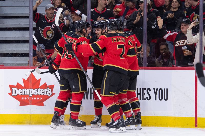 Dec 9, 2025; Ottawa, Ontario, CAN;  The Ottawa Senators celebrate a goal scored by right wing Drake Batherson (19-middle) in the first period against the New Jersey Devils at the Canadian Tire Centre. Mandatory Credit: Marc DesRosiers-IMAGN Images