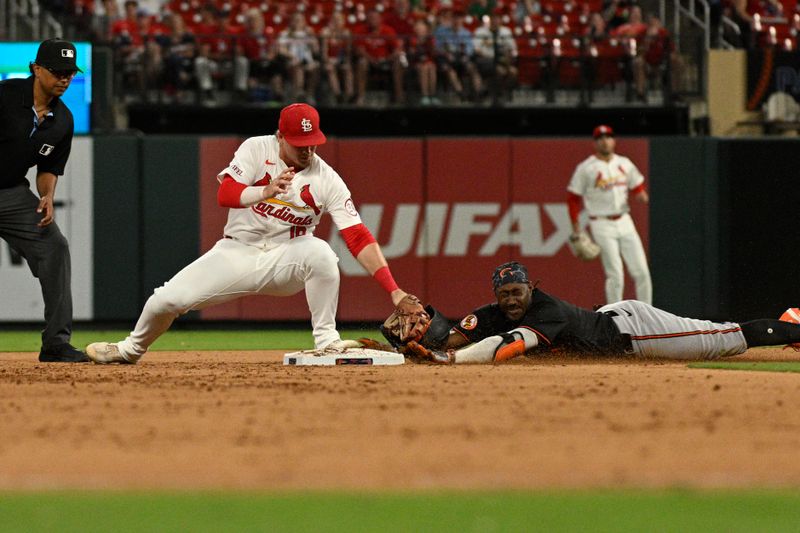 May 21, 2024; St. Louis, Missouri, USA; Baltimore Orioles’ Jorge Mateo (3) slides into second ahead of the tag by St. Louis Cardinals second baseman Nolan Gorman (16) during the fifth inning at Busch Stadium. Mandatory Credit: Jeff Le-USA TODAY Sports