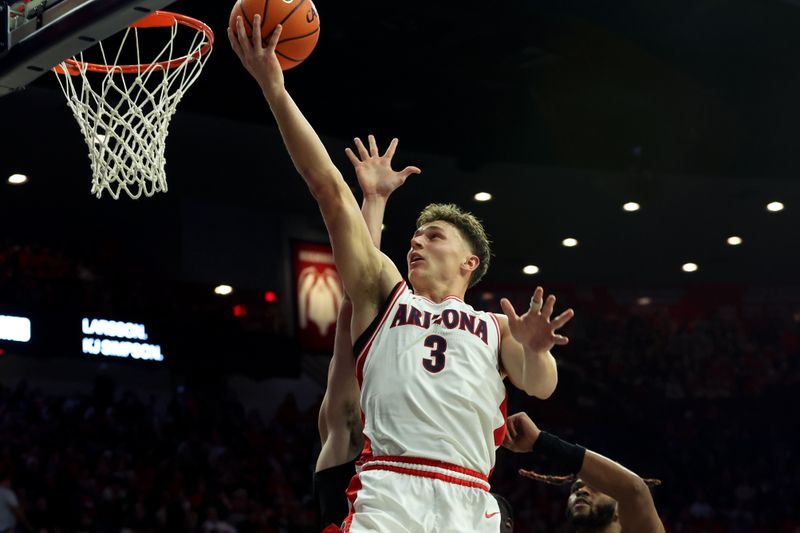 Jan 4, 2024; Tucson, Arizona, USA; Arizona Wildcats guard Pelle Larsson (3) shoots a basket against the Colorado Buffaloes during the second half at McKale Center. Mandatory Credit: Zachary BonDurant-USA TODAY Sports