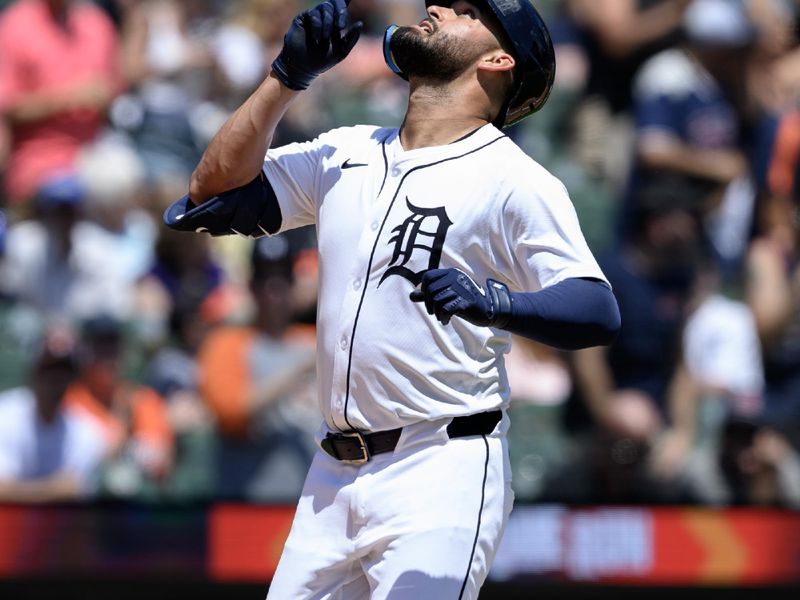 Jun 28, 2025; Detroit, Michigan, USA; Detroit Tigers designated hitter Riley Greene (31) celebrates after hitting a home run against the Minnesota Twins in the fifth inning at Comerica Park. Mandatory Credit: Lon Horwedel-Imagn Images