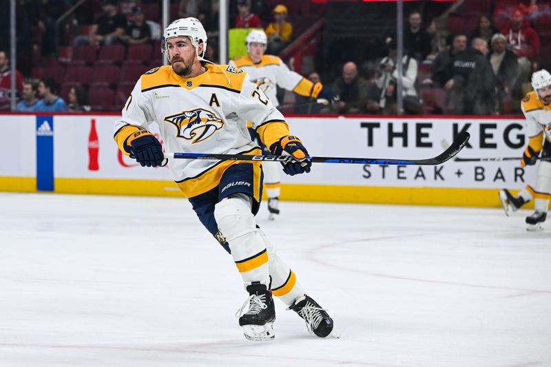 Dec 10, 2023; Montreal, Quebec, CAN; Nashville Predators defenseman Ryan McDonagh (27) skates during warm-up before the game against the Montreal Canadiens at Bell Centre. Mandatory Credit: David Kirouac-USA TODAY Sports