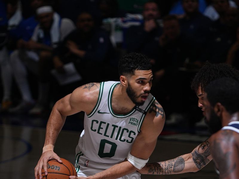 DALLAS, TX - JUNE 12: Jayson Tatum #0 of the Boston Celtics handles the ball during the game against the Dallas Mavericks during Game 3 of the 2024 NBA Finals on June 12, 2024 at the American Airlines Center in Dallas, Texas. NOTE TO USER: User expressly acknowledges and agrees that, by downloading and or using this photograph, User is consenting to the terms and conditions of the Getty Images License Agreement. Mandatory Copyright Notice: Copyright 2024 NBAE (Photo by Garrett Ellwood/NBAE via Getty Images)