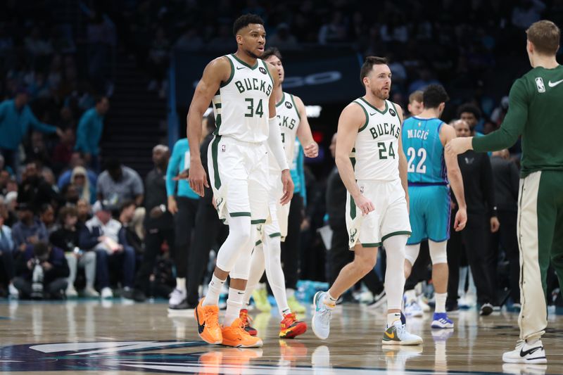 CHARLOTTE, NC - FEBRUARY 29: Giannis Antetokounmpo #34 of the Milwaukee Bucks looks on during the game against the Charlotte Hornets on February 29, 2024 at Spectrum Center in Charlotte, North Carolina. NOTE TO USER: User expressly acknowledges and agrees that, by downloading and or using this photograph, User is consenting to the terms and conditions of the Getty Images License Agreement.  Mandatory Copyright Notice:  Copyright 2024 NBAE (Photo by Brock Williams-Smith/NBAE via Getty Images)