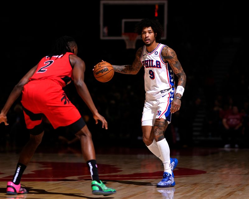 TORONTO, CANADA - OCTOBER 25: Kelly Oubre Jr. #9 of the Philadelphia 76ers looks on during the game against the Toronto Raptors on October 25, 2024 at the Scotiabank Arena in Toronto, Ontario, Canada.  NOTE TO USER: User expressly acknowledges and agrees that, by downloading and or using this Photograph, user is consenting to the terms and conditions of the Getty Images License Agreement.  Mandatory Copyright Notice: Copyright 2024 NBAE (Photo by Mark Blinch/NBAE via Getty Images)