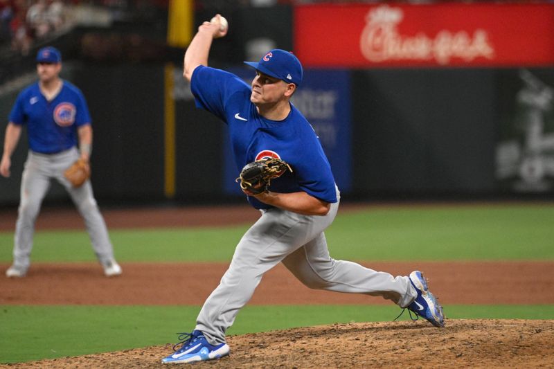 Jul 27, 2023; St. Louis, Missouri, USA; Chicago Cubs relief pitcher Michael Rucker (59) pitches against the St. Louis Cardinals in the ninth inning at Busch Stadium. Mandatory Credit: Joe Puetz-USA TODAY Sports