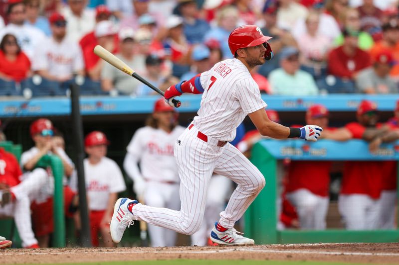 Mar 12, 2026; Clearwater, Florida, USA; Philadelphia Phillies shortstop Trea Turner (7) hits a two-rbi double against the Toronto Blue Jays in the second inning during spring training at BayCare Ballpark. Mandatory Credit: Nathan Ray Seebeck-Imagn Images