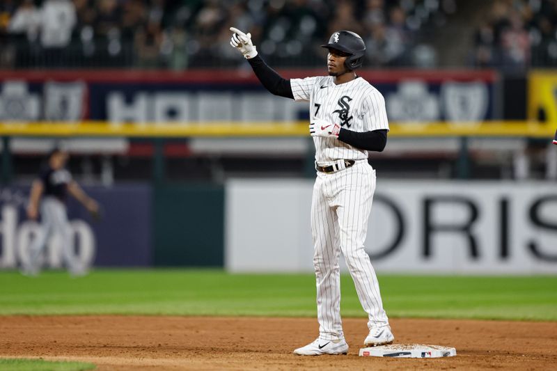 Sep 16, 2023; Chicago, Illinois, USA; Chicago White Sox shortstop Tim Anderson (7) reacts after hitting one run double against the Minnesota Twins during the seventh inning at Guaranteed Rate Field. Mandatory Credit: Kamil Krzaczynski-USA TODAY Sports