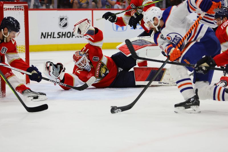 Jun 24, 2024; Sunrise, Florida, USA; Florida Panthers goaltender Sergei Bobrovsky (72) defend against Edmonton Oilers during the third period in game seven of the 2024 Stanley Cup Final at Amerant Bank Arena. Mandatory Credit: Sam Navarro-USA TODAY Sports