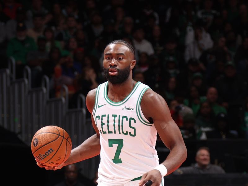 WASHINGTON, DC -? NOVEMBER 22: Jaylen Brown #7 of the Boston Celtics dribbles the ball during the game against the Washington Wizards during the Emirates NBA Cup game on November 22, 2024 at Capital One Arena in Washington, DC. NOTE TO USER: User expressly acknowledges and agrees that, by downloading and or using this Photograph, user is consenting to the terms and conditions of the Getty Images License Agreement. Mandatory Copyright Notice: Copyright 2024 NBAE (Photo by Stephen Gosling/NBAE via Getty Images)