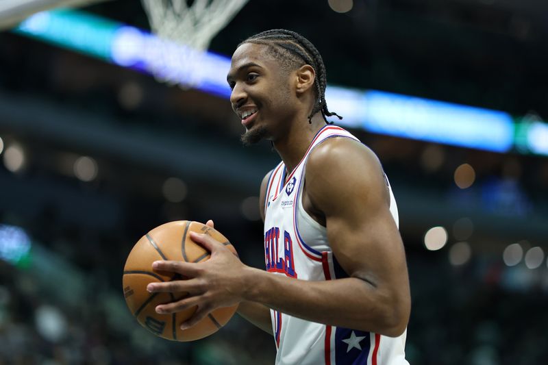 MILWAUKEE, WISCONSIN - FEBRUARY 09: Tyrese Maxey #0 of the Philadelphia 76ers walks backcourt during a game against the Milwaukee Bucks at Fiserv Forum on February 09, 2025 in Milwaukee, Wisconsin. NOTE TO USER: User expressly acknowledges and agrees that, by downloading and or using this photograph, User is consenting to the terms and conditions of the Getty Images License Agreement. (Photo by Stacy Revere/Getty Images)