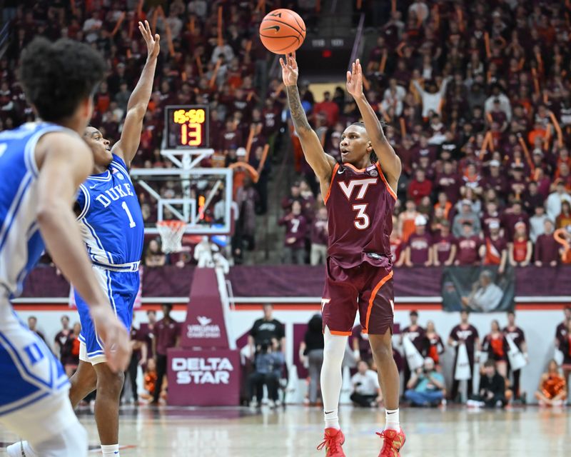 Jan 31, 2026; Blacksburg, Virginia, USA;  Virginia Tech Hokies guard Ben Hammond (3) shoots a shot defended by Duke Blue Devils guard Caleb Foster (1) during the second half at Cassell Coliseum. Mandatory Credit: Brian Bishop-Imagn Images