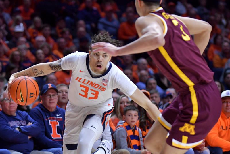 Feb 28, 2024; Champaign, Illinois, USA; Illinois Fighting Illini forward Coleman Hawkins (33) drives the ball against Minnesota Golden Gophers forward Dawson Garcia (3) during the first half at State Farm Center. Mandatory Credit: Ron Johnson-USA TODAY Sports