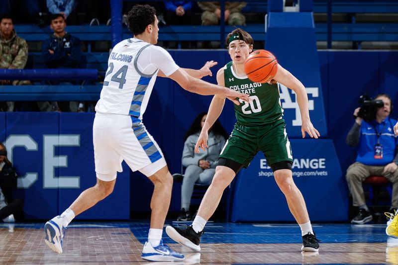 Feb 7, 2023; Colorado Springs, Colorado, USA; Air Force Falcons guard Jeffrey Mills (24) passes the ball as Colorado State Rams guard Joe Palmer (20) guards in the first half at Clune Arena. Mandatory Credit: Isaiah J. Downing-USA TODAY Sports