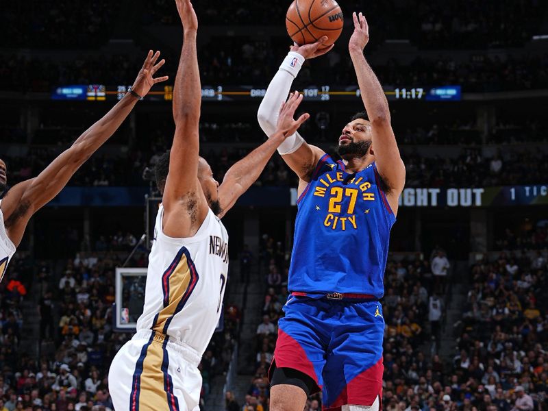 DENVER, CO - JANUARY 12: Jamal Murray #27 of the Denver Nuggets shoots the ball during the game against the New Orleans Pelicans on January 12, 2024 at the Ball Arena in Denver, Colorado. NOTE TO USER: User expressly acknowledges and agrees that, by downloading and/or using this Photograph, user is consenting to the terms and conditions of the Getty Images License Agreement. Mandatory Copyright Notice: Copyright 2024 NBAE (Photo by Garrett Ellwood/NBAE via Getty Images)